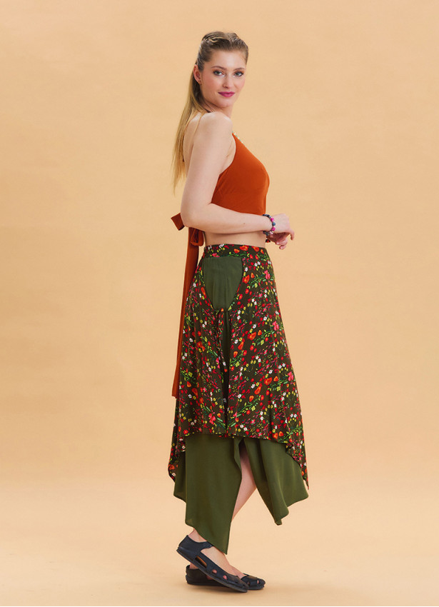 Green Casual Skirt with Elastic Waist and Tie Detail 4521